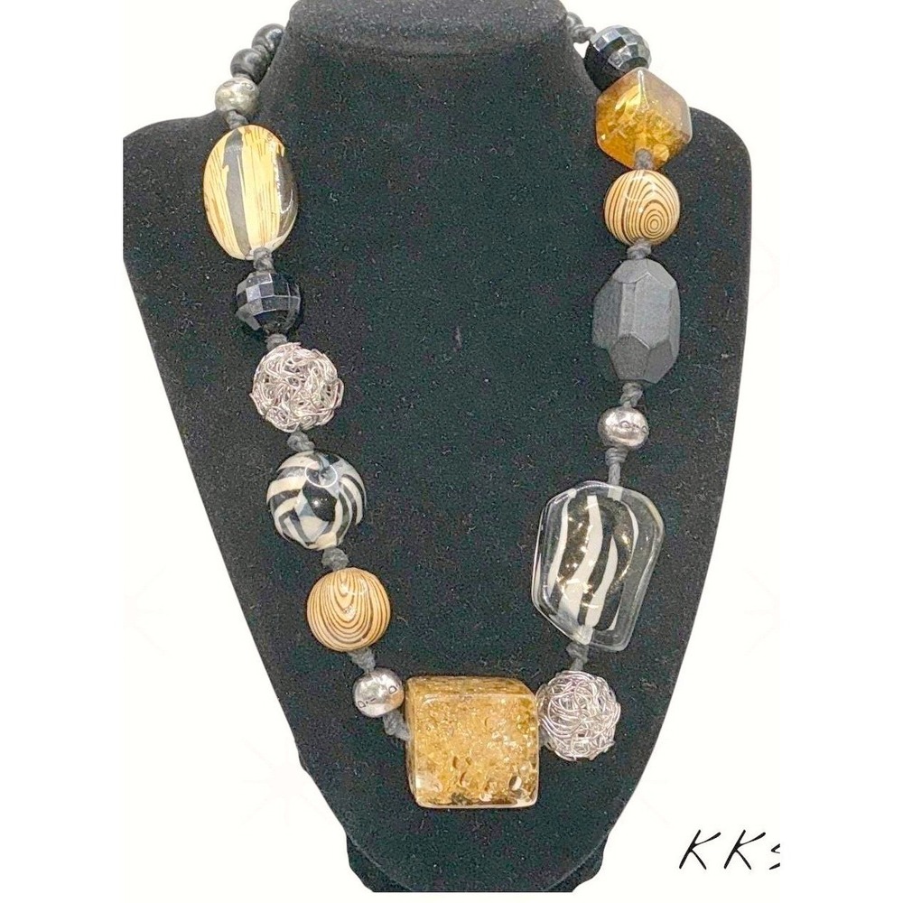Mixed Bead Statement Necklace Black‎ Gold Silver Chunky 18-20"